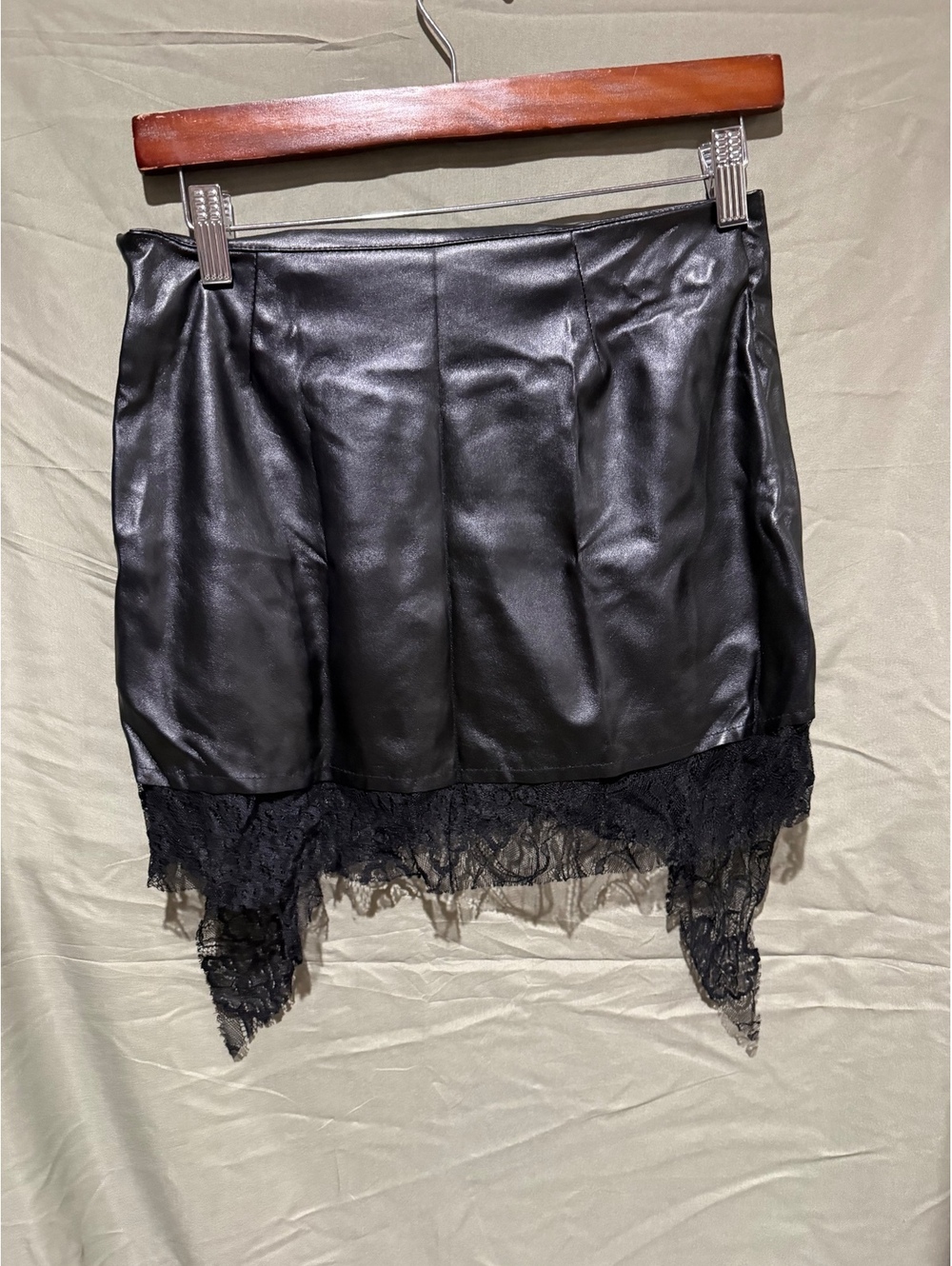 Black Faux Leather Lace Hem Mini Skirt